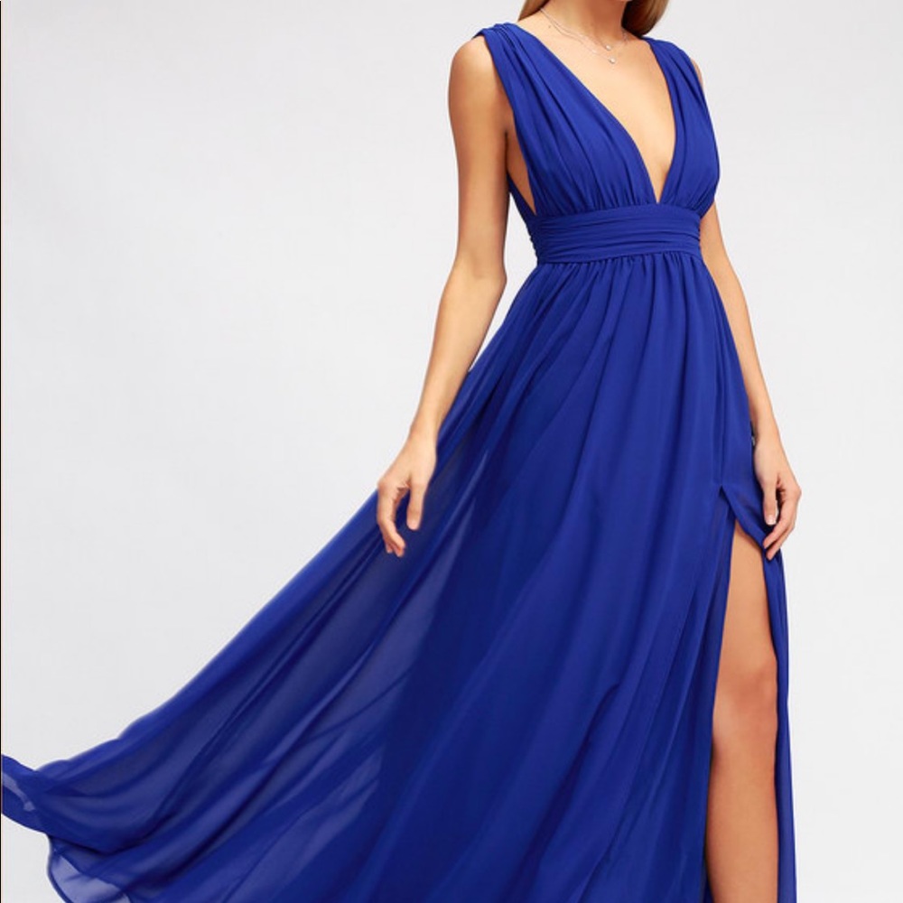 Lulu's Heavenly Hues royal blue chiffon maxi dress slit S SM Small